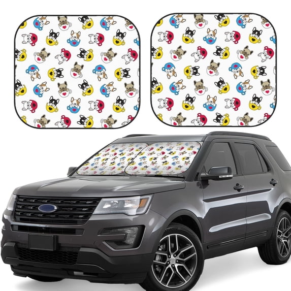Fotbe French Bulldog With Coffee Cup 2-Piece Car Windshield Sun Shade | Sun Blocker for Car Windshield | Foldable Automotive Interior Accessories for Sun Protection-Small