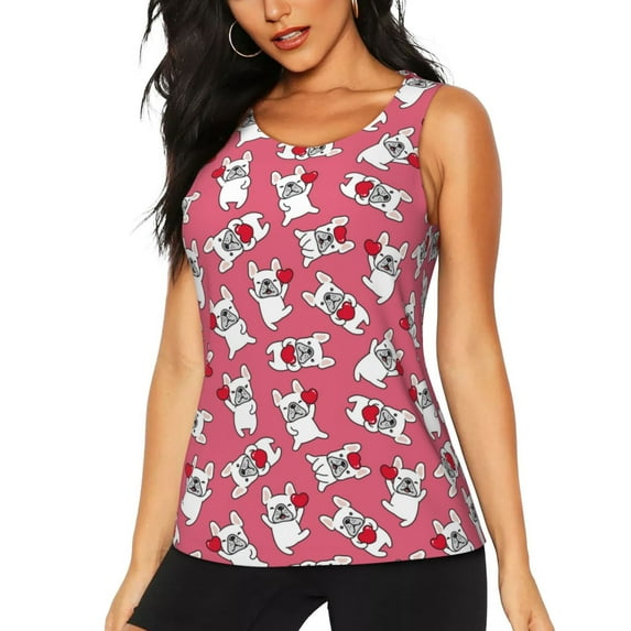 Fotbe French Bulldog Womens Loose Fit Casual Flowy Slim-Fit Tank Tops Athletic Round Neck Trendy Sleeveless Summer Tops for Gym and Yoga-