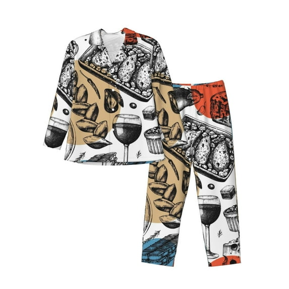 Fotbe French Food Pattern Long Sleeve Pajama Set for Men,Sleepwear Set,2-piece Loungewear Set,Soft PJs Comfy Nightwear with Pockets-Medium