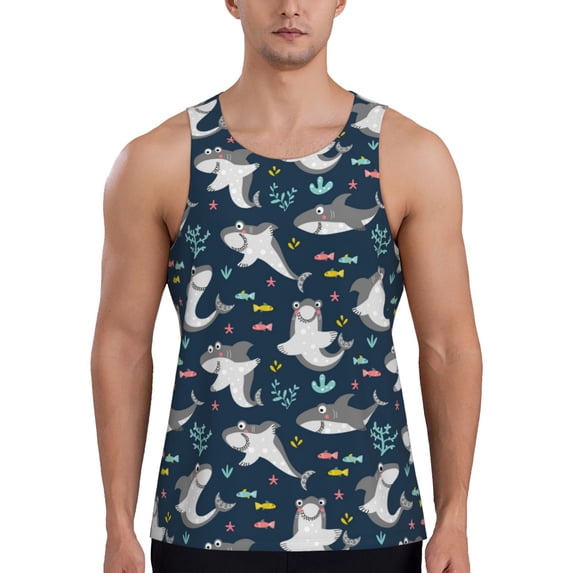 Fotbe Friendly Sharks Pattern Men's Quick Dry Workout Tank Top Gym Muscle Tee Fitness Bodybuilding Sleeveless T Shirt Breathable Workout Shirt-Large