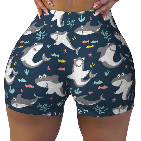 Fotbe Friendly Sharks Seamless Shorts, Womens Workout Shorts High Waist Stretch Booty Short for Gym/Yoga/Running/Biking-X-Large