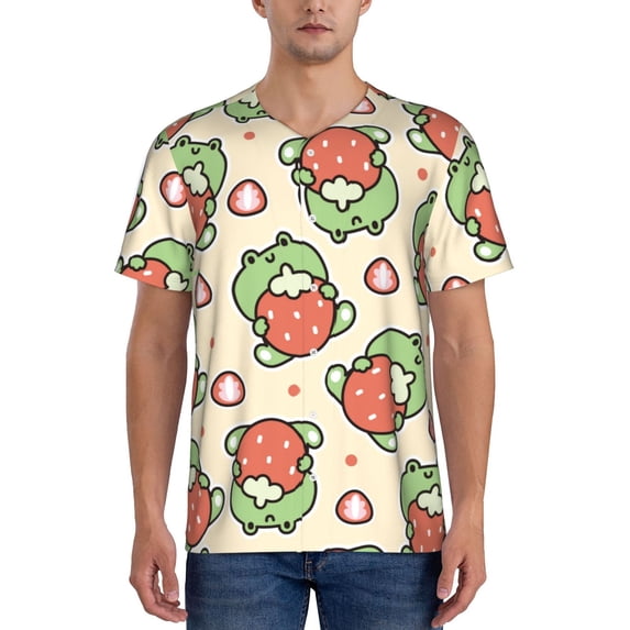 Fotbe Frog Hold Strawberry Baseball Jersey Shirt for Men and Women, Casual Short Sleeves Button Down T-Shirt-Large