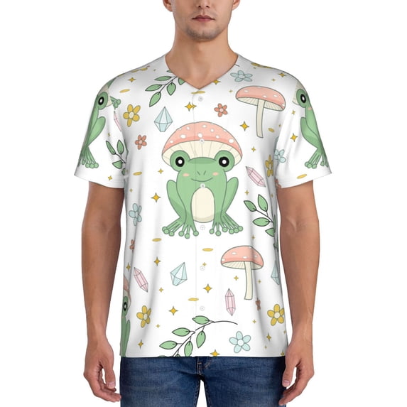 Fotbe Frog and Mushrooms Baseball Jersey Shirt for Men and Women, Casual Short Sleeves Button Down T-Shirt-3X-Large