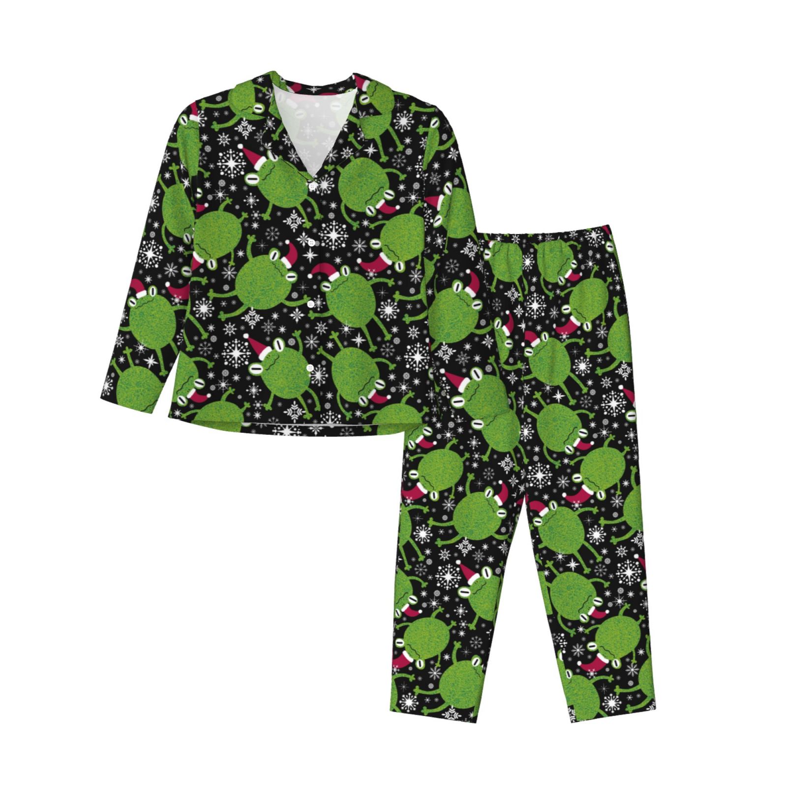 Fotbe Frogs And Santa Hat Pattern Long Sleeve Pajama Set for Women ...
