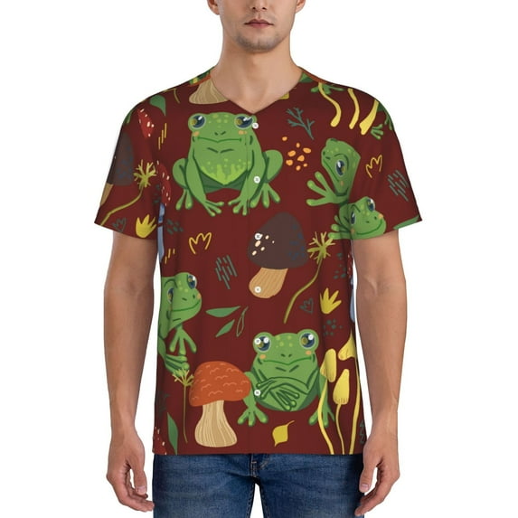 Fotbe Frogs and Mushrooms Baseball Jersey Shirt for Men and Women, Casual Short Sleeves Button Down T-Shirt-Small