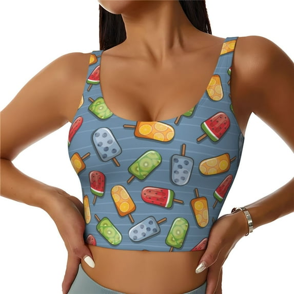 Fotbe Fruit Ice Cream Pattern Womens' Sports Bra Longline Wirefree Padded with Medium Support Sports Moisture-Wicking Workou Vest,Tank Top-Large