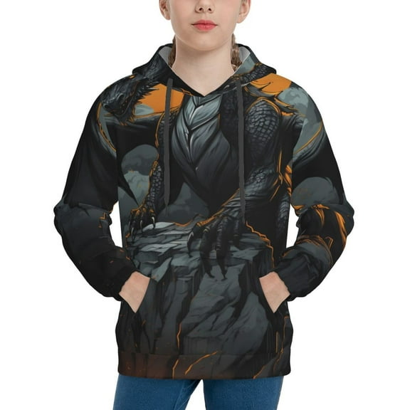 Fotbe Full Moon Black Dragon Pattern Youth Pullover Hooded Sweatshirt, Boys Hoodie, Kangaroo Pocket Hoodie for Kids Girls -X-Large