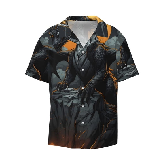 Fotbe Full Moon Black Dragon print Short Sleeve Button Down Shirts for Men Casual Summer Beach Wrinkle Free Shirt-X-Large