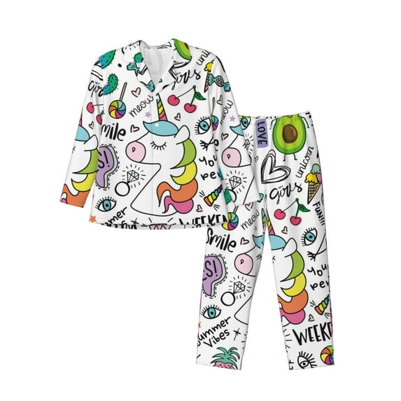 Fotbe Fun Animal with Unicorn Pattern Long Sleeve Pajama Set for Men,Sleepwear Set,2-piece Loungewear Set,Soft PJs Comfy Nightwear with Pockets-Small
