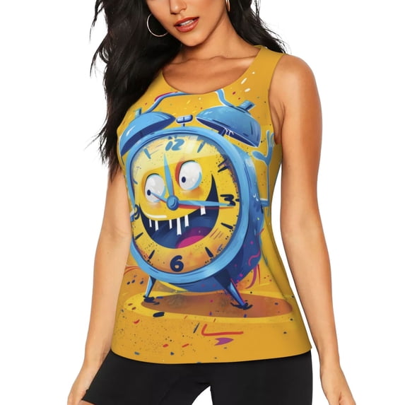 Fotbe Funny Alarm Clock Illustration Womens Loose Fit Casual Flowy Slim-Fit Tank Tops Athletic Round Neck Trendy Sleeveless Summer Tops for Gym and Yoga-Small
