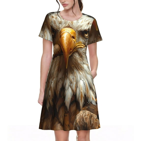 Fotbe Funny Bald Eagle Pattern Dress Casual Womens Fashion Short Sleeve Maxi Dress T Shirt Dress Striped Long Color Block Maxi Dress