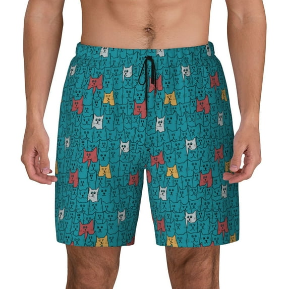 Fotbe Funny Cat Blue Men’s Swim Trunks Quick Dry Swim Shorts Board Shorts with Mesh Lining-X-Large
