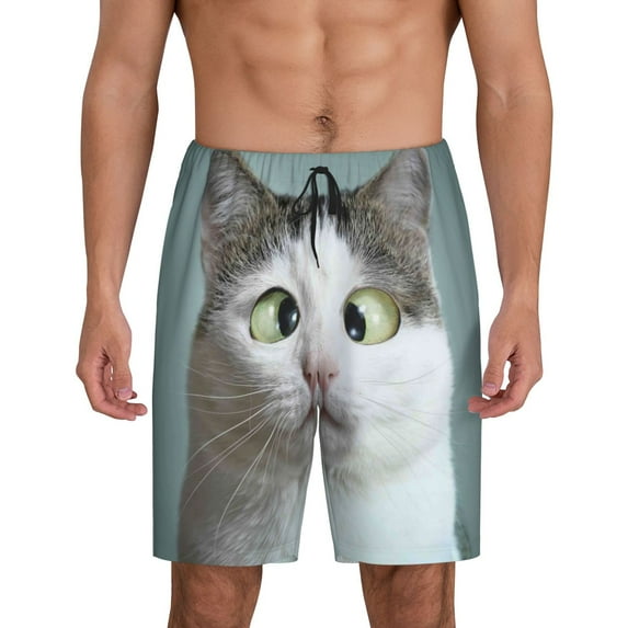 Fotbe Funny Cat Pajama Shorts for Men, Men's Pajama Bottoms, Sleepwear,Short Pajama Pants-Small