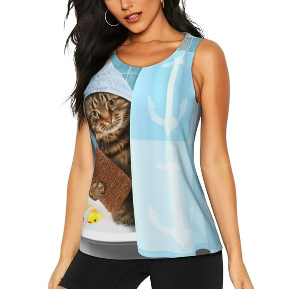 Fotbe Funny Cat Taking a Bath Womens Loose Fit Casual Flowy Slim-Fit Tank Tops Athletic Round Neck Trendy Sleeveless Summer Tops for Gym and Yoga-