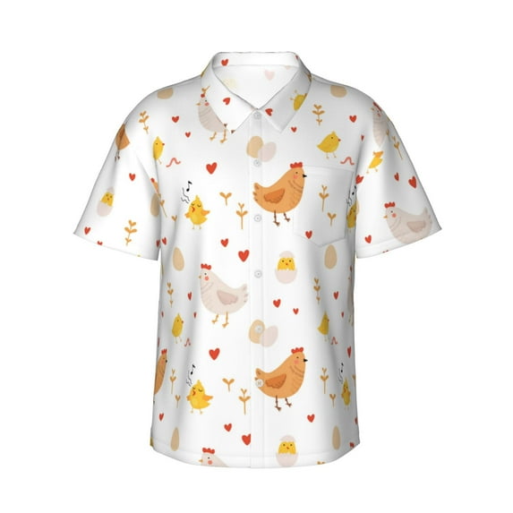 Fotbe Funny Chicken Hawaiian Shirt for Men Unisex Summer Beach Casual Short Sleeve Cotton Linen Button Down Shirts-Large