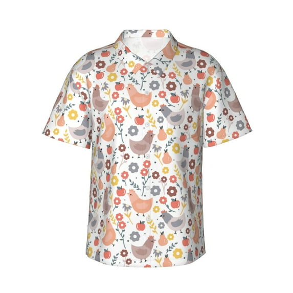 Fotbe Funny Chicken Hawaiian Shirt for Men Unisex Summer Beach Casual Short Sleeve Cotton Linen Button Down Shirts-Medium