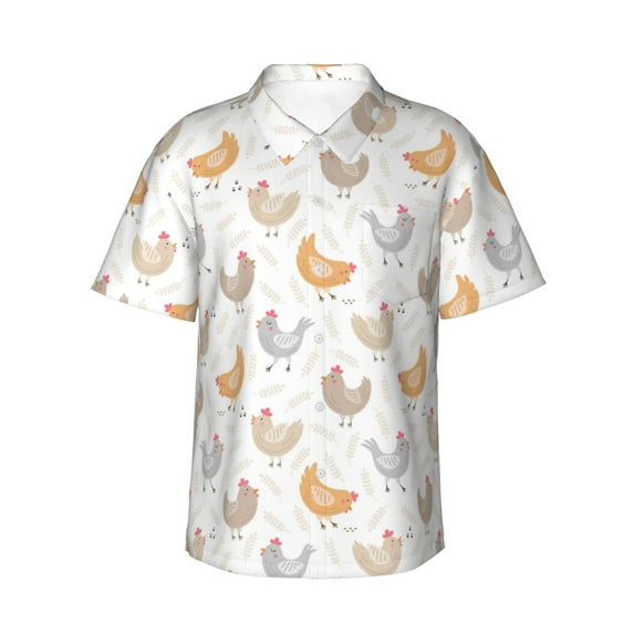 Fotbe Funny Chicken Hawaiian Shirt for Men Unisex Summer Beach Casual Short Sleeve Cotton Linen Button Down Shirts-X-Large