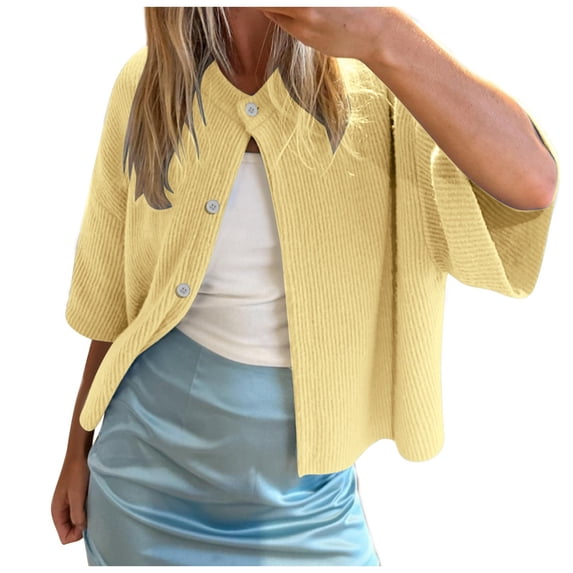 Women's Casual Short Sleeved Knit Cardigan Solid Color Half Neck Button Down Sweater Comfy Cardigan Sweater Chiffon Cardigans for Women Summer Womens Leopard Long Cardigan plus Size Women's Sweater