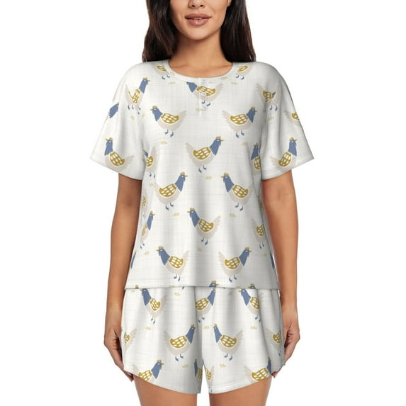 Fotbe Funny Chicken Print Pajama Set for Women 2 Piece Loungewear Short Sleeve Tops and Shorts Set Soft Sleepwear-4X-Large