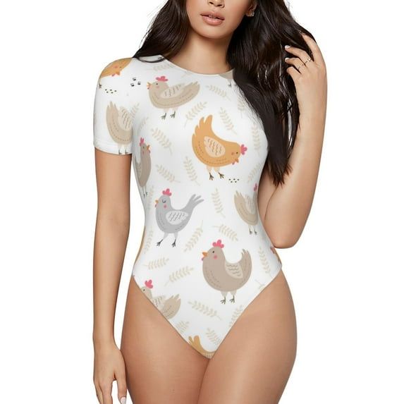 Fotbe Funny Chicken Women's Crew Neck Short Sleeves Bodysuit Tops Round Neck Slim Sleeveless Soft Comfortable Basic-Small