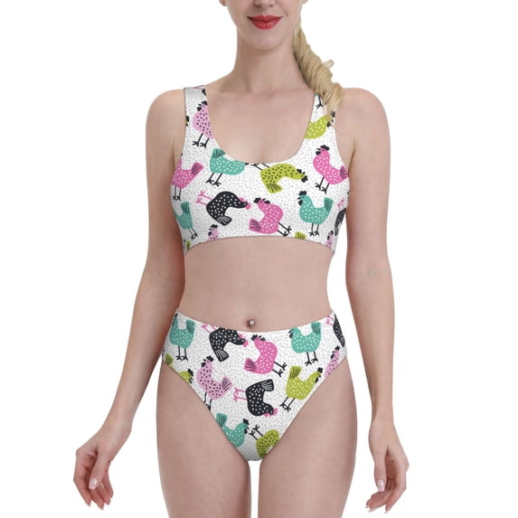 Fotbe Funny Chicken Women's High Waisted Bikini Tankini Sets Two Piece Bathing Suits High Cut Scoop Neck Swimsuit-X-Large
