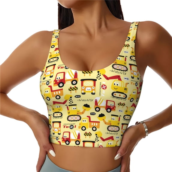 Fotbe Funny Construction Vehicles Pattern Womens' Sports Bra Longline Wirefree Padded with Medium Support Sports Moisture-Wicking Workou Vest,Tank Top-Medium