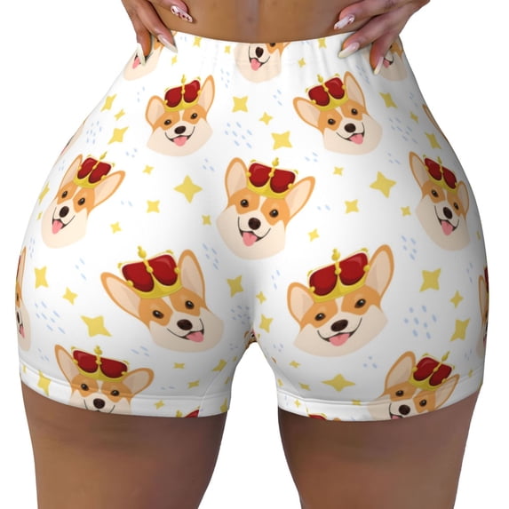 Fotbe Funny Corgi Seamless Shorts, Womens Workout Shorts High Waist Stretch Booty Short for Gym/Yoga/Running/Biking-Medium