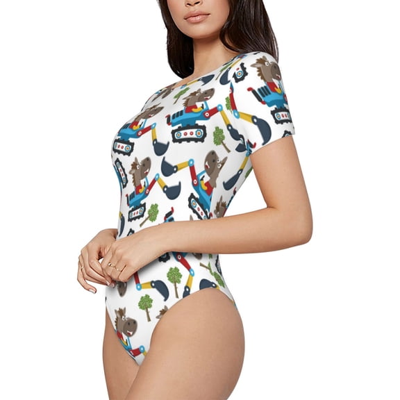 Fotbe Funny Excavator Women's Crew Neck Short Sleeves Bodysuit Tops Round Neck Slim Sleeveless Soft Comfortable Basic-Large