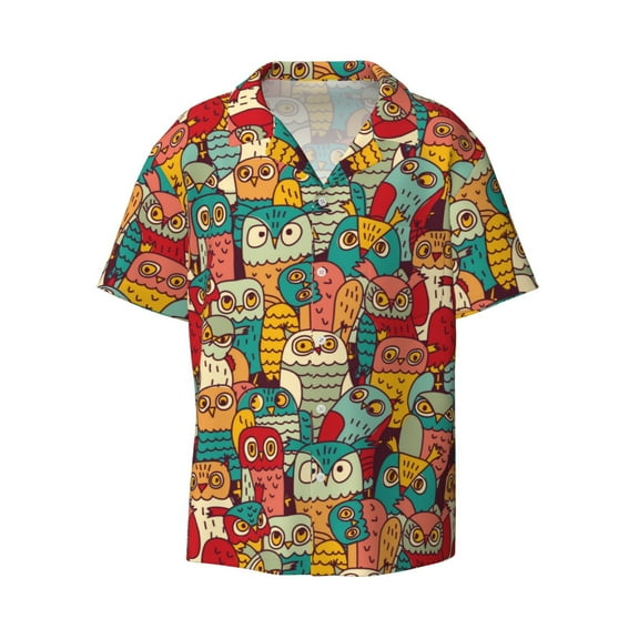 Fotbe Funny Owl Bird print Short Sleeve Button Down Shirts for Men Casual Summer Beach Wrinkle Free Shirt-Small