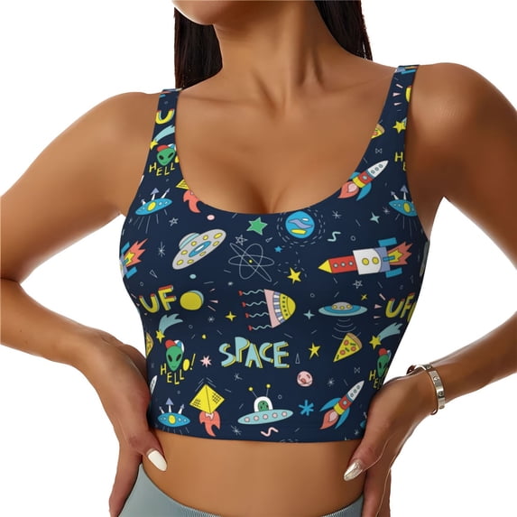 Fotbe Funny Spaceships Pattern Womens' Sports Bra Longline Wirefree Padded with Medium Support Sports Moisture-Wicking Workou Vest,Tank Top-Small