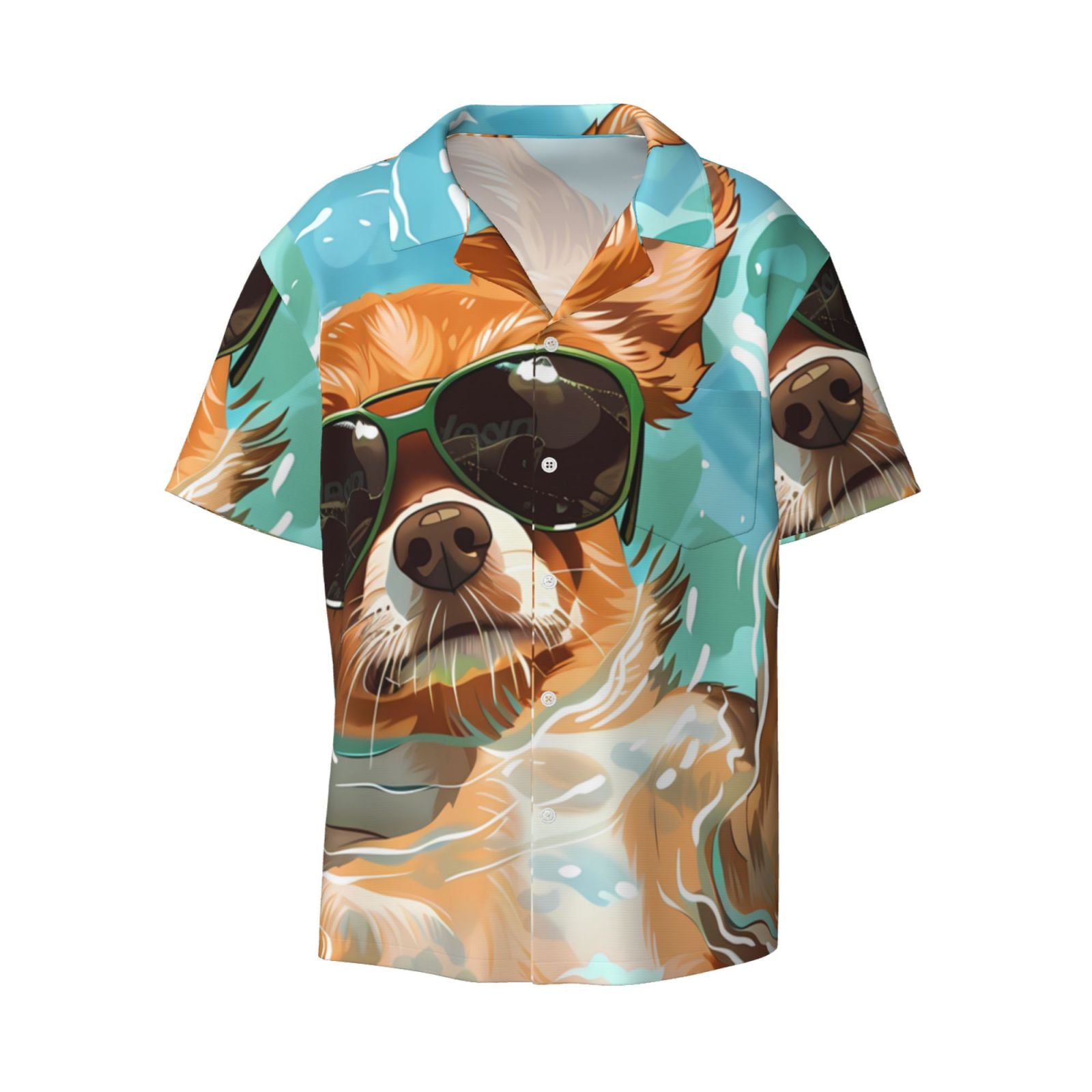 Fotbe Funny Swimming Chihuahua print Short Sleeve Button Down Shirts