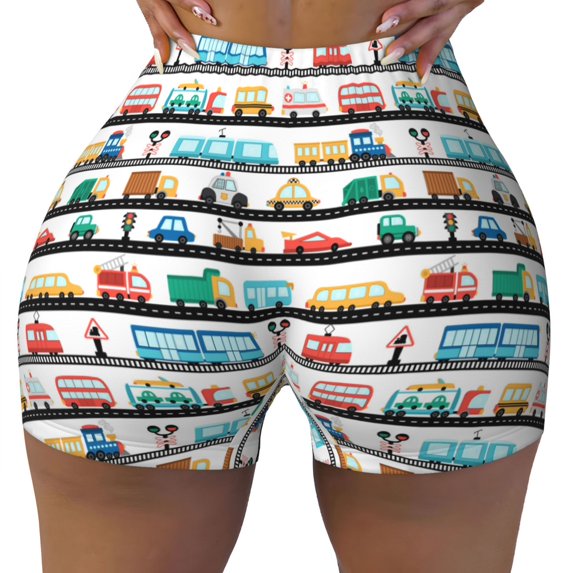 Fotbe Funny Transport Seamless Shorts, Womens Workout Shorts High Waist Stretch Booty Short for Gym/Yoga/Running/Biking-Medium