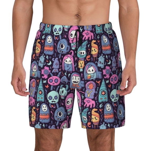 Fotbe Funny colorful skull ghost Men’s Swim Trunks Quick Dry Swim Shorts Board Shorts with Mesh Lining-Large