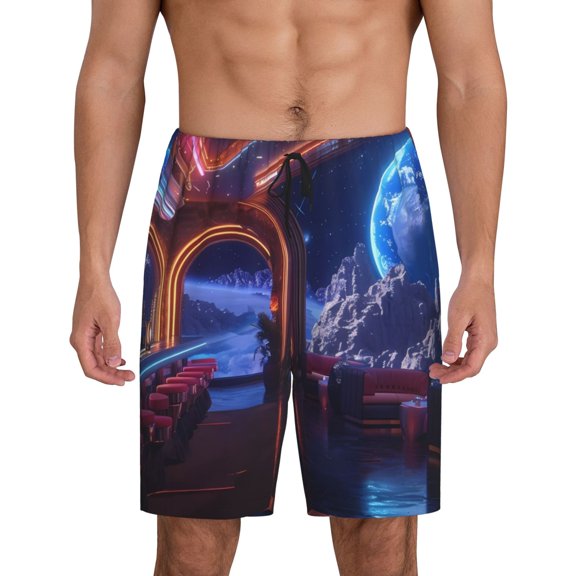 Fotbe Futuristic Bar Space View Pajama Shorts for Men, Men's Pajama Bottoms, Sleepwear,Short Pajama Pants-Large