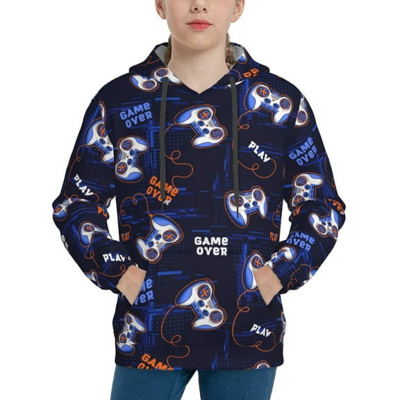 Fotbe Game Pads Pattern Youth Pullover Hooded Sweatshirt, Boys Hoodie, Kangaroo Pocket Hoodie for Kids Girls -Large