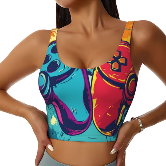 Fotbe Gaming Pattern Womens' Sports Bra Longline Wirefree Padded with Medium Support Sports Moisture-Wicking Workou Vest,Tank Top-Large
