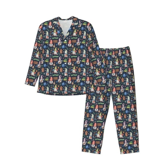 Fotbe Garden Gnomes Pattern Long Sleeve Pajama Set for Men,Sleepwear Set,2-piece Loungewear Set,Soft PJs Comfy Nightwear with Pockets-XX-Large