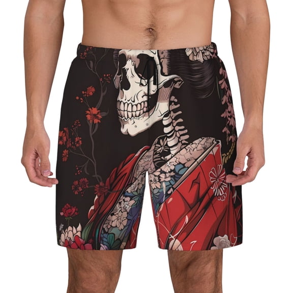 Fotbe Geisha Skeleton With Flowers Men’s Swim Trunks Quick Dry Swim Shorts Board Shorts with Mesh Lining-Small