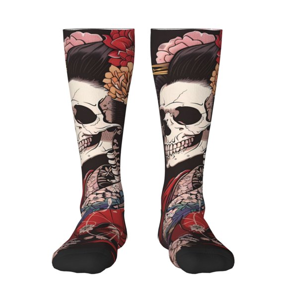Fotbe Geisha Skeleton With Flowers print Women's Men's Novelty Crew Socks Cotton Socks Knee High Socks for Walking,Running,Nurses,Pregnancy