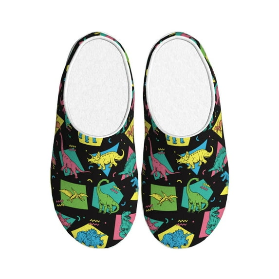 Fotbe Geometric Dinosaur Pattern Women's Fuzzy Curly Fur Memory Foam Loafer Slippers Indoor Outdoor Slippers Winter Home Shoes-46/47