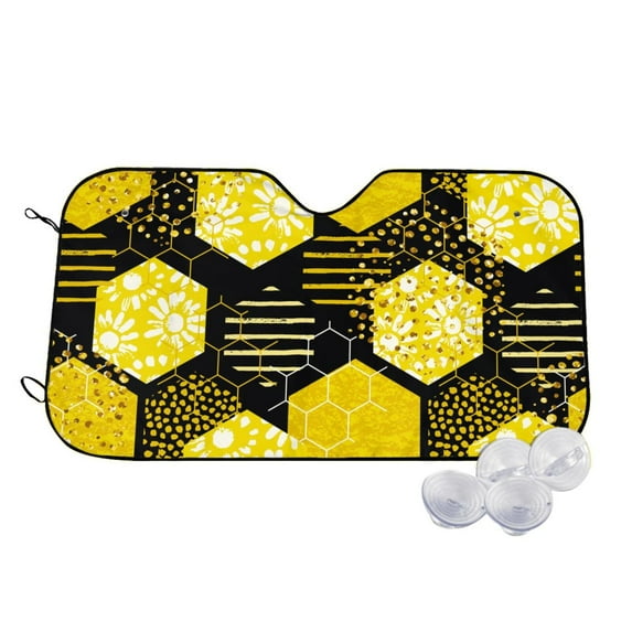 Fotbe Geometric Pattern with Bee Car Windshield Sunshade | Sun Visor Protector Front Window Shade, Keeps Out UV Rays, Keeps Your Vehicle Cool-Medium
