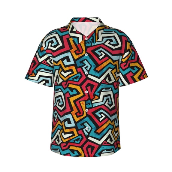 Fotbe Geometry Hawaiian Shirt for Men Unisex Summer Beach Casual Short Sleeve Cotton Linen Button Down Shirts-3X-Large