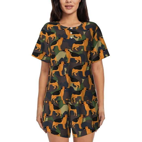Fotbe German Shepherd Dog Print Pajama Set for Women 2 Piece Loungewear Short Sleeve Tops and Shorts Set Soft Sleepwear-3X-Large