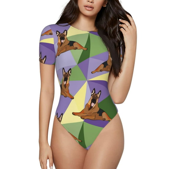 Fotbe German Shepherd Dog Women's Crew Neck Short Sleeves Bodysuit Tops Round Neck Slim Sleeveless Soft Comfortable Basic-Medium