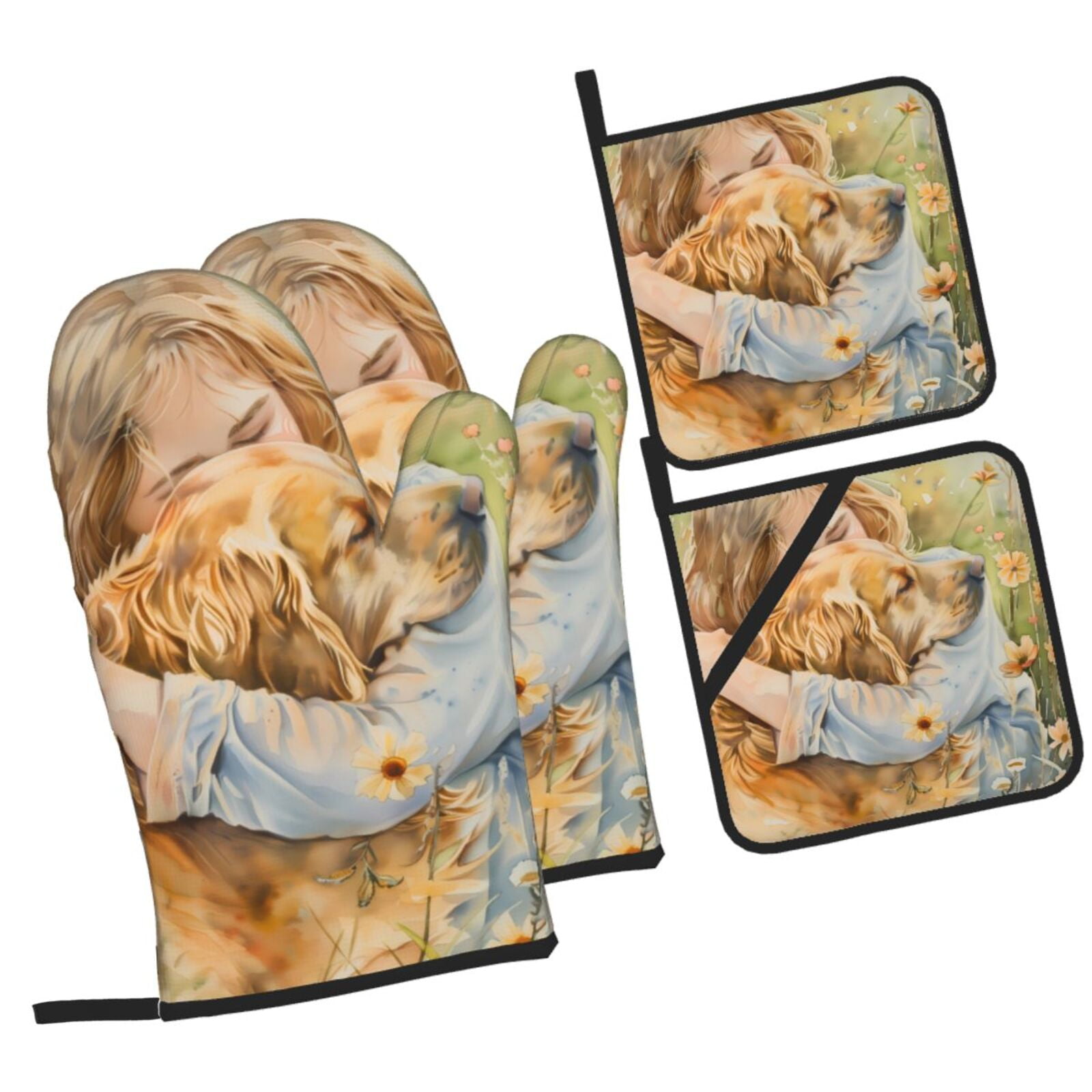 Fotbe Girl Hugging Dog Flowers for 4Pcs Oven Mitts and Pot Holders, 500