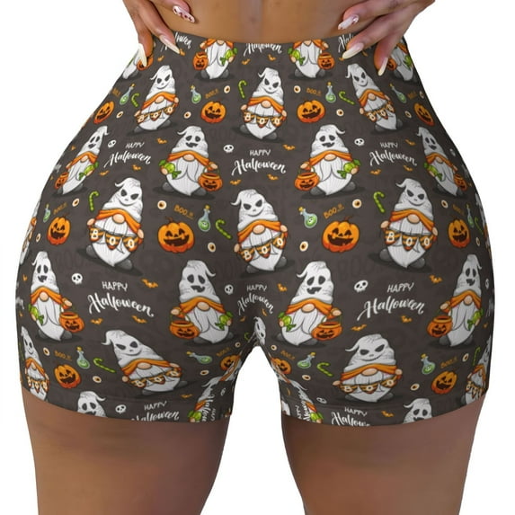 Fotbe Gnome And Pumpkin Seamless Shorts, Womens Workout Shorts High Waist Stretch Booty Short for Gym/Yoga/Running/Biking-Large