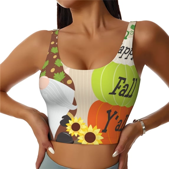Fotbe Gnome Happy Fall Pattern Womens' Sports Bra Longline Wirefree Padded with Medium Support Sports Moisture-Wicking Workou Vest,Tank Top-Small