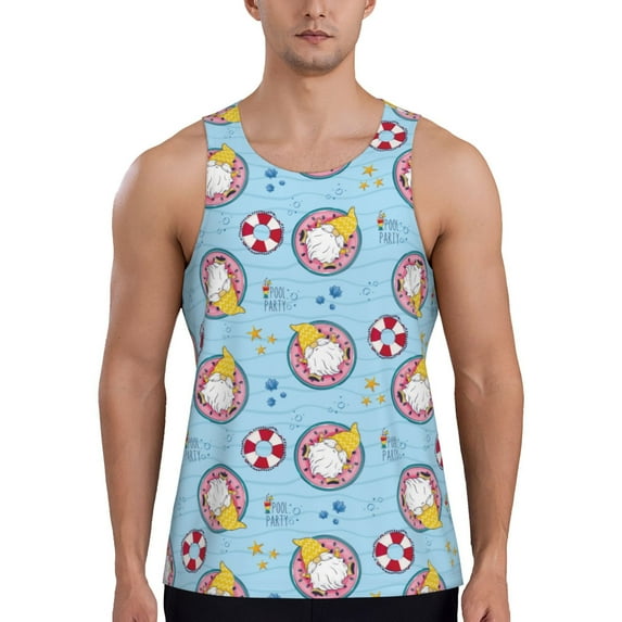 Fotbe Gnome Pool Party Pattern Men's Quick Dry Workout Tank Top Gym Muscle Tee Fitness Bodybuilding Sleeveless T Shirt Breathable Workout Shirt-XX-Large