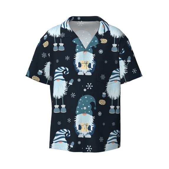 Fotbe Gnome and Snowflakes print Short Sleeve Button Down Shirts for Men Casual Summer Beach Wrinkle Free Shirt-Large