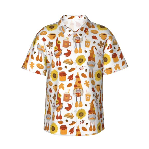 Fotbe Gnomes Autumn Harvest Hawaiian Shirt for Men Unisex Summer Beach Casual Short Sleeve Cotton Linen Button Down Shirts-Large